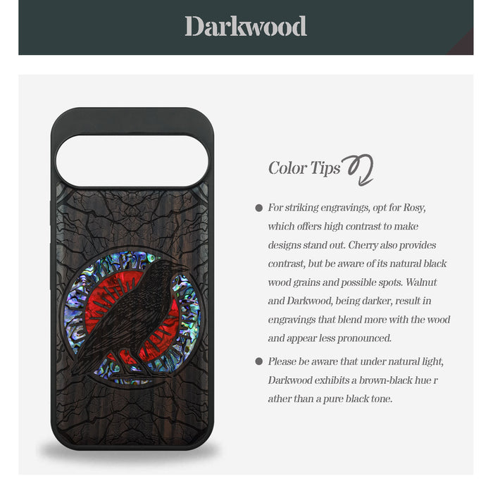 Luminous Crow Amidst Forest Lattice, Hand-Inlaid Wood & Mother of Pearl Case - Artisanal Cover for Google Pixel