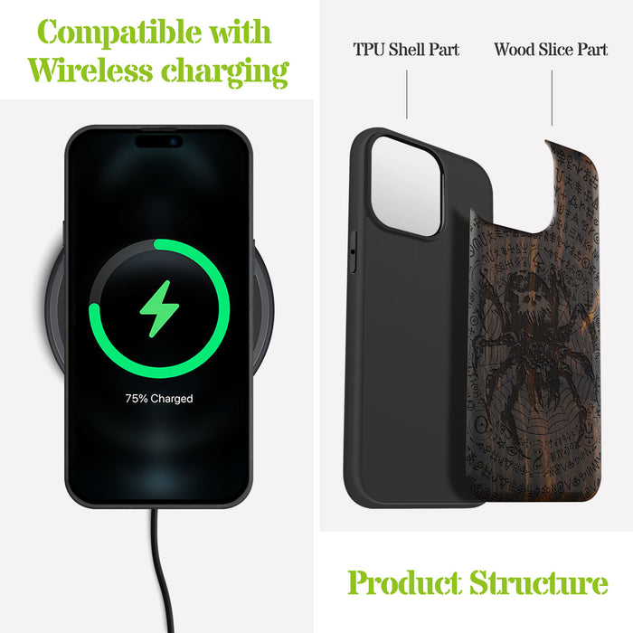 Enigmatic Black Spider Amidst Runes, Classic Engraved Wood & TPU Case - Artisanal Cover for Apple iPhone