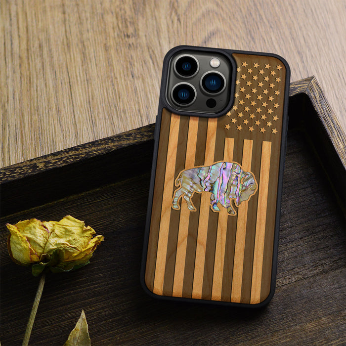 American Flag, Bison, Hand-Inlaid Wood & Mother of Pearl Case - Artisanal Cover for Apple iPhone