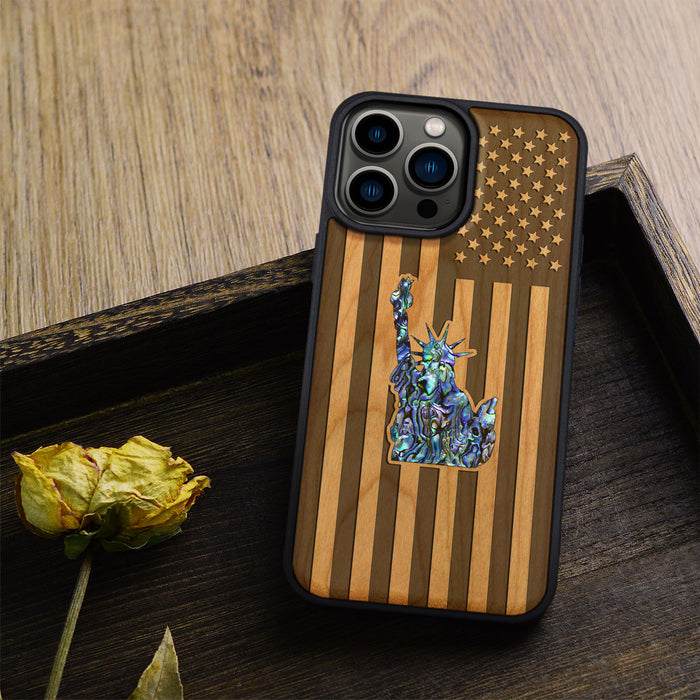 Statue of Liberty and Flag, Hand-Inlaid Wood & Mother of Pearl Case - Artisanal Cover for Apple iPhone