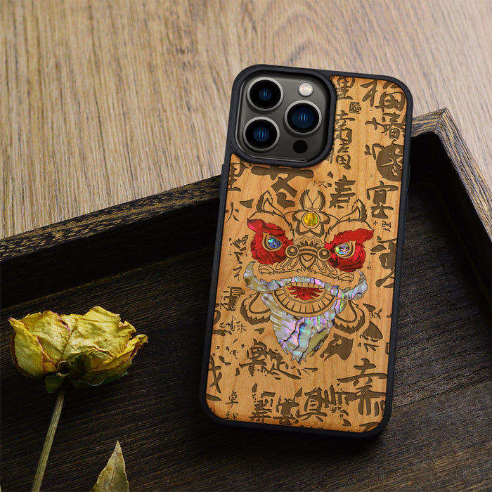 Chinese Lion, Hand-Inlaid Wood & Mother of Pearl Case - Artisanal Cover for Apple iPhone