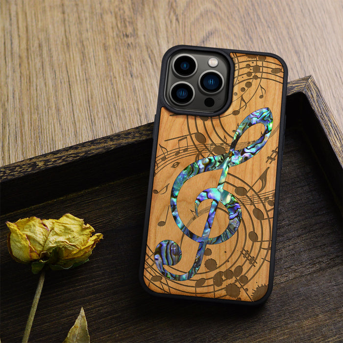 The Grand Clef and Musical Notes, Hand-Inlaid Wood & Mother of Pearl Case - Artisanal Cover for Apple iPhone