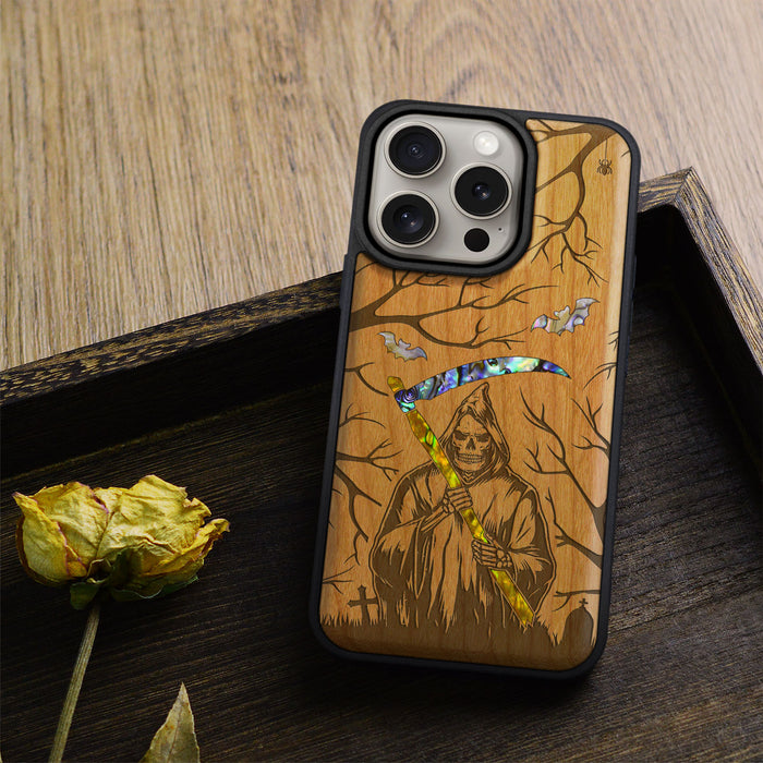 Grim Reaper, Hand-Inlaid Wood & Mother of Pearl Case - Artisanal Cover for Apple iPhone