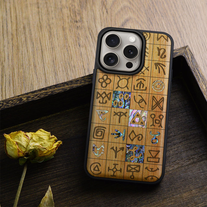 Mystical Runes, Hand-Inlaid Wood & Mother of Pearl Case - Artisanal Cover for Apple iPhone