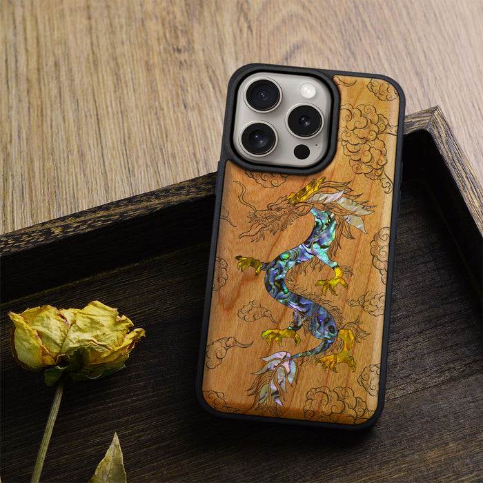 The Dragon's Ascen, Hand-Inlaid Wood & Mother of Pearl Case - Artisanal Cover for Apple iPhone