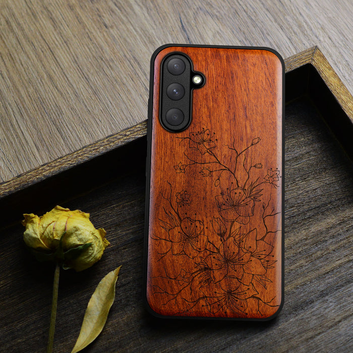 Sakura Sketch, Classic Engraved Wood & TPU Case - Artisanal Cover for Samsung Galaxy