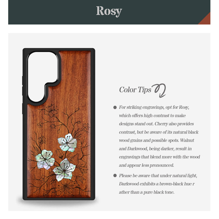 Whispering Sakura Blooms, Hand-Inlaid Wood & Mother of Pearl Case - Artisanal Cover for Samsung Galaxy