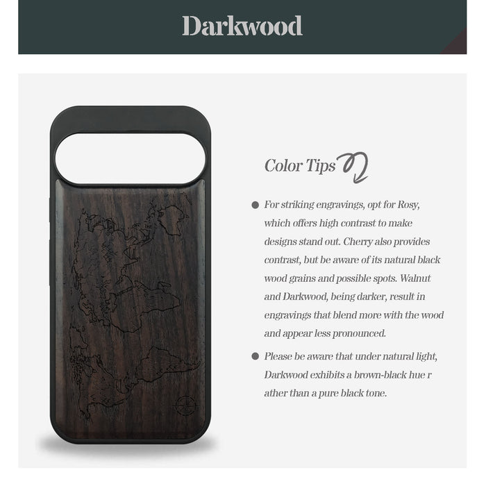Abstract Expressionist World Map Linework, Classic Engraved Wood & TPU Case - Artisanal Cover for Google Pixel