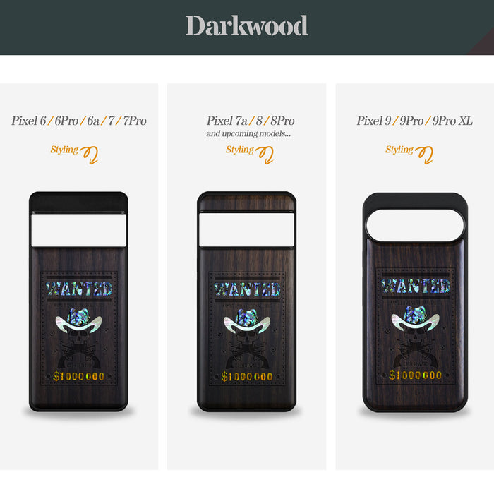 Outlaw Skull Wanted, Hand-Inlaid Wood & Mother of Pearl Case - Artisanal Cover for Google Pixel