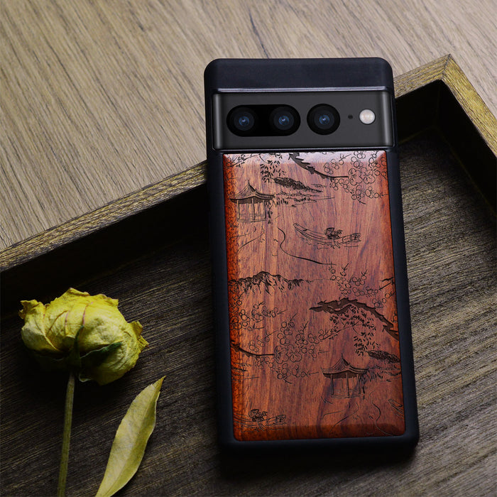 An Intricate Chinese Landscape, Classic Engraved Wood & TPU Case - Artisanal Cover for Google Pixel