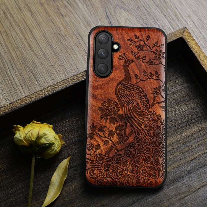 The Majestic Asian Peacock, Classic Engraved Wood & TPU Case - Artisanal Cover for Samsung Galaxy