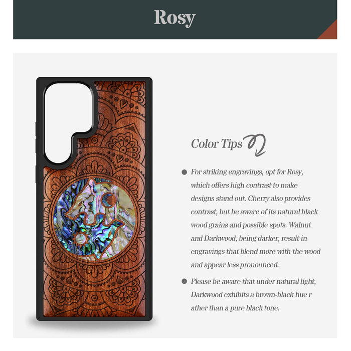 Yin-Yang Wolves Amidst Paisley, Hand-Inlaid Wood & Mother of Pearl Case - Artisanal Cover for Samsung Galaxy