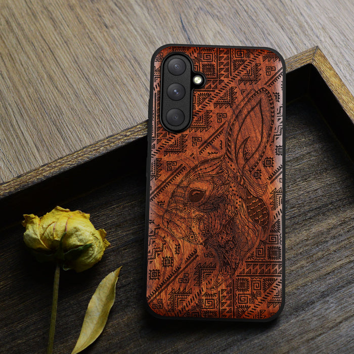 Zentangle Rabbit Amidst Geometry, Classic Engraved Wood & TPU Case - Artisanal Cover for Samsung Galaxy