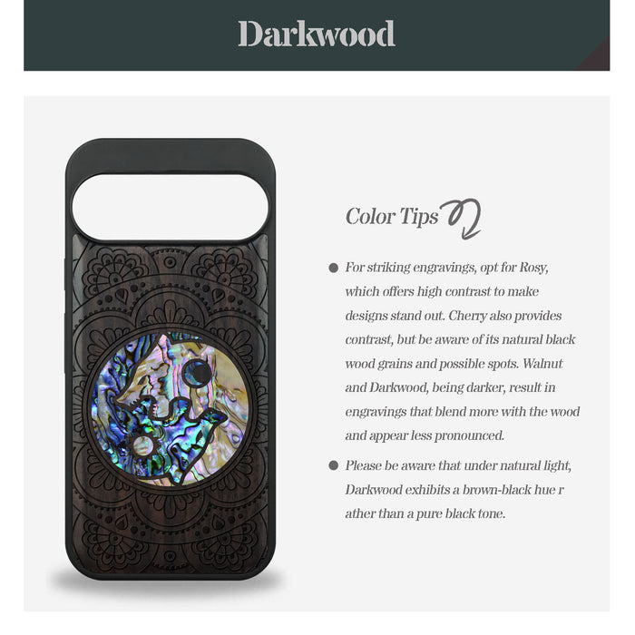 Yin-Yang Wolves Amidst Paisley, Hand-Inlaid Wood & Mother of Pearl Case - Artisanal Cover for Google Pixel