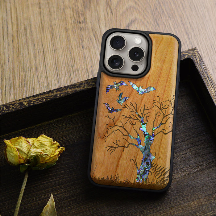 Gothic Night, Hand-Inlaid Wood & Mother of Pearl Case - Artisanal Cover for Apple iPhone
