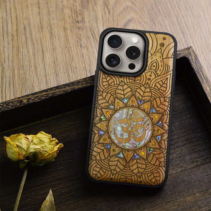 Harmony's Whisper Mandala, Hand-Inlaid Wood & Mother of Pearl Case - Artisanal Cover for Apple iPhone