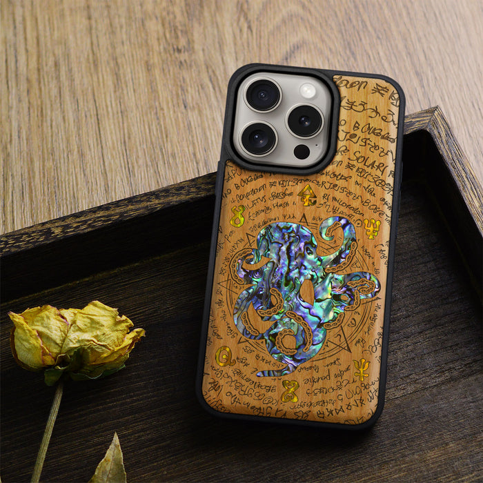 Octopus and Octagonal Star, Hand-Inlaid Wood & Mother of Pearl Case - Artisanal Cover for Apple iPhone