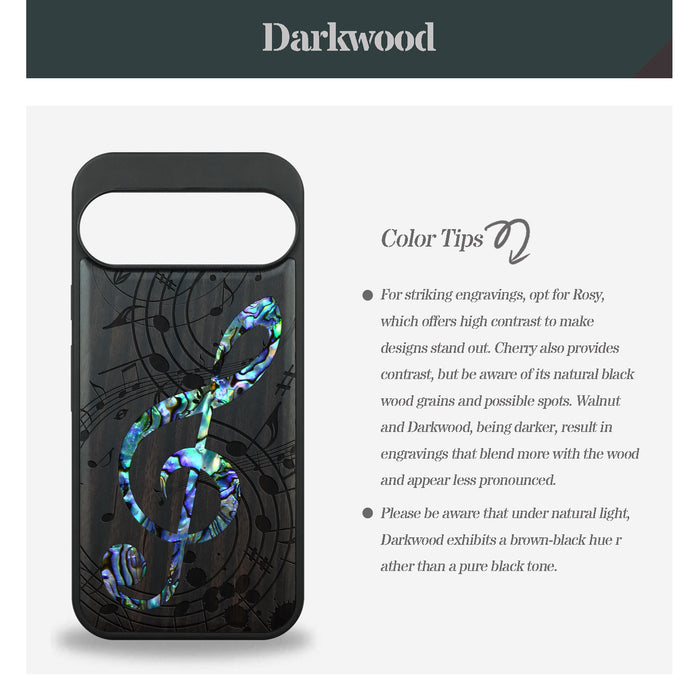The Grand Clef and Musical Notes, Hand-Inlaid Wood & Mother of Pearl Case - Artisanal Cover for Google Pixel