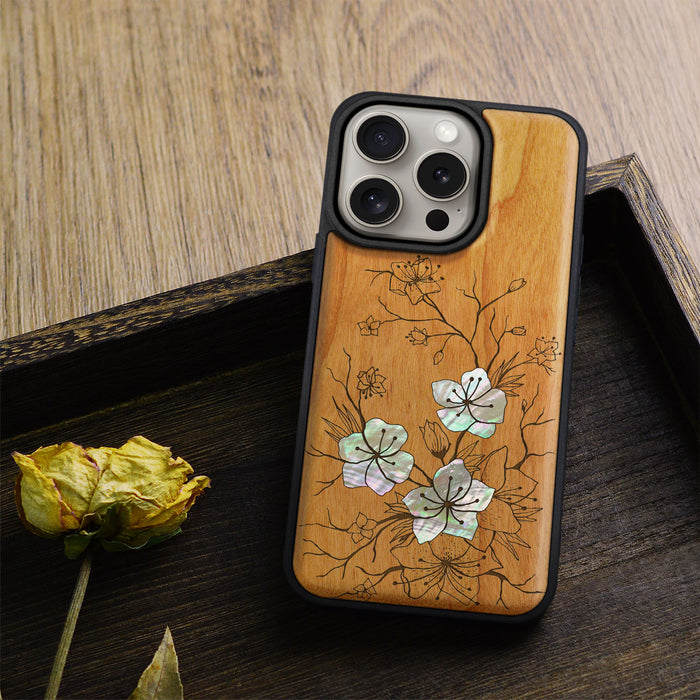 Whispering Sakura Blooms, Hand-Inlaid Wood & Mother of Pearl Case - Artisanal Cover for Apple iPhone