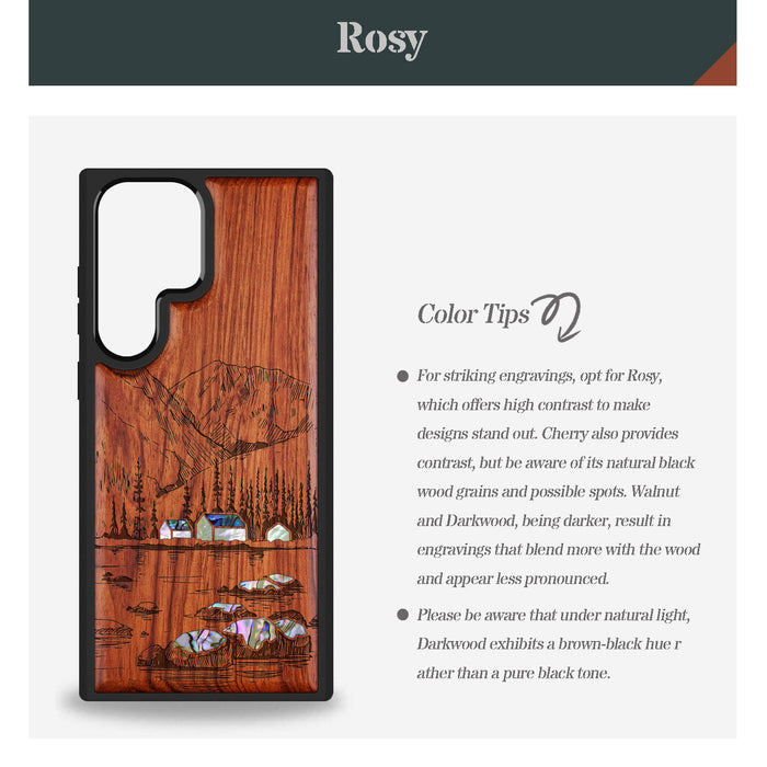 Mountains, Lake, and Village Life, Hand-Inlaid Wood & Mother of Pearl Case - Artisanal Cover for Samsung Galaxy