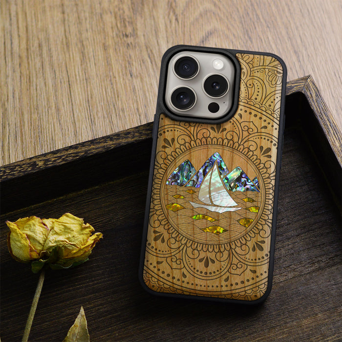 Oceanic Mandala Calm, Hand-Inlaid Wood & Mother of Pearl Case - Artisanal Cover for Apple iPhone