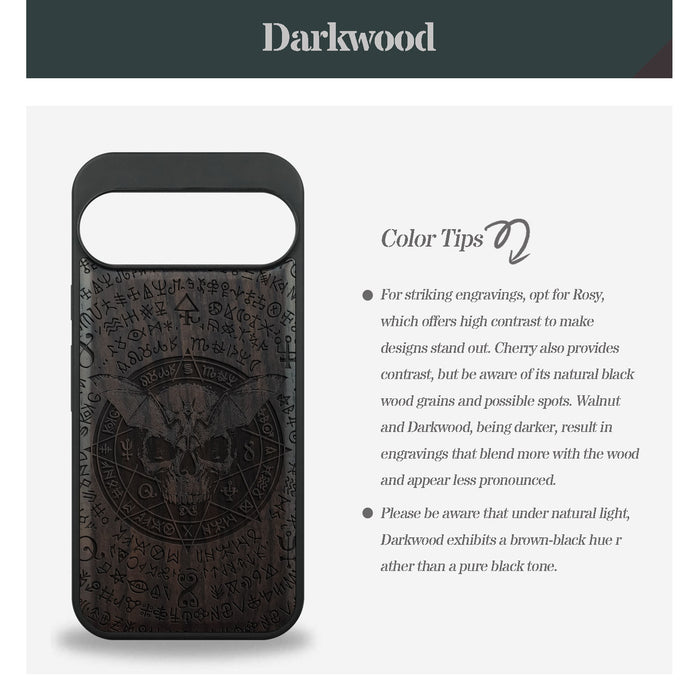 Bat and Skull within the Octagonal Star, Classic Engraved Wood & TPU Case - Artisanal Cover for Google Pixel