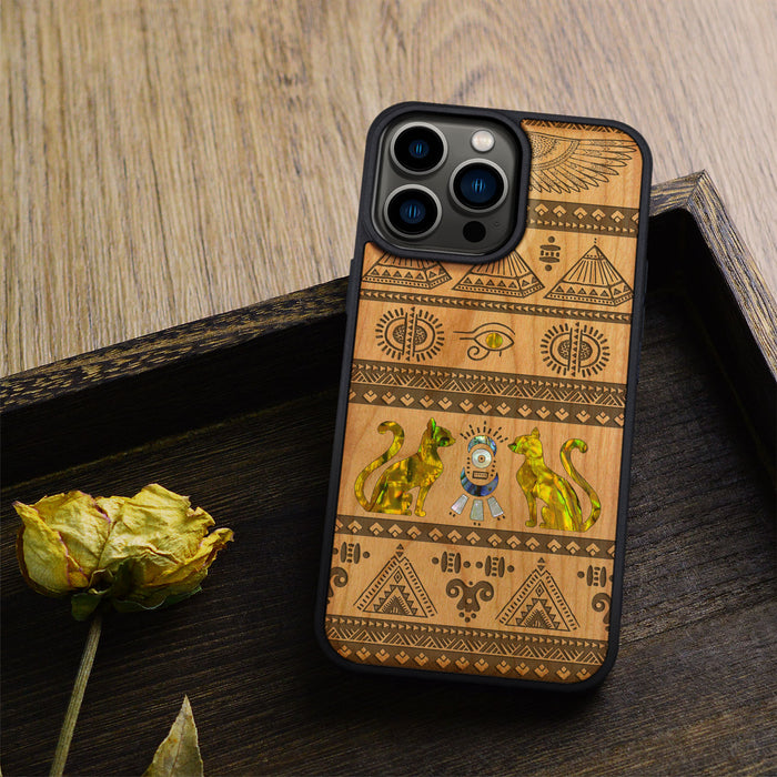 The Symbols of Egypt, Hand-Inlaid Wood & Mother of Pearl Case - Artisanal Cover for Apple iPhone