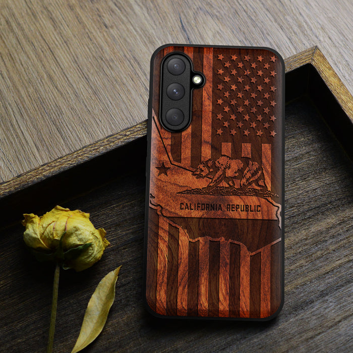 California's Emblematic Tribute, Classic Engraved Wood & TPU Case - Artisanal Cover for Samsung Galaxy