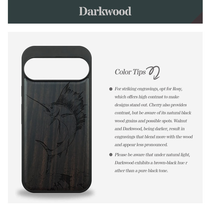 The Soaring Marlin, Classic Engraved Wood & TPU Case - Artisanal Cover for Google Pixel