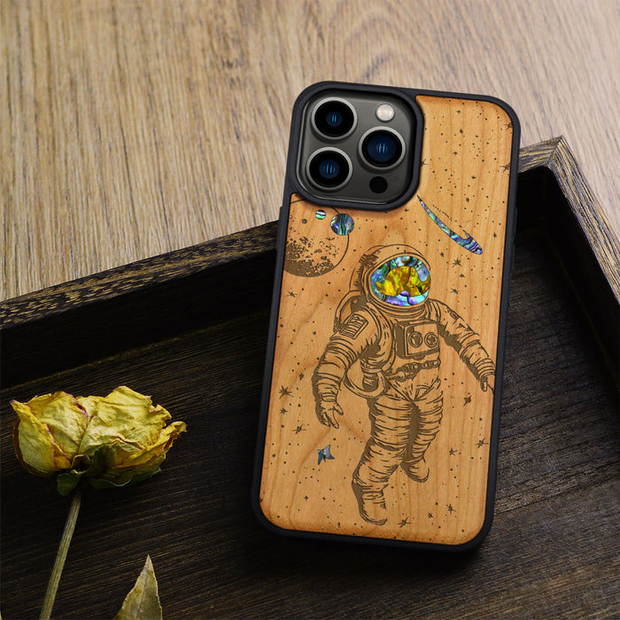 A Celestial Odyssey, Hand-Inlaid Wood & Mother of Pearl Case - Artisanal Cover for Apple iPhone