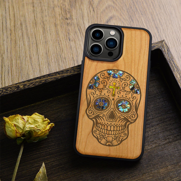 The Dia de los Muertos Sugar Skull, Hand-Inlaid Wood & Mother of Pearl Case - Artisanal Cover for Apple iPhone