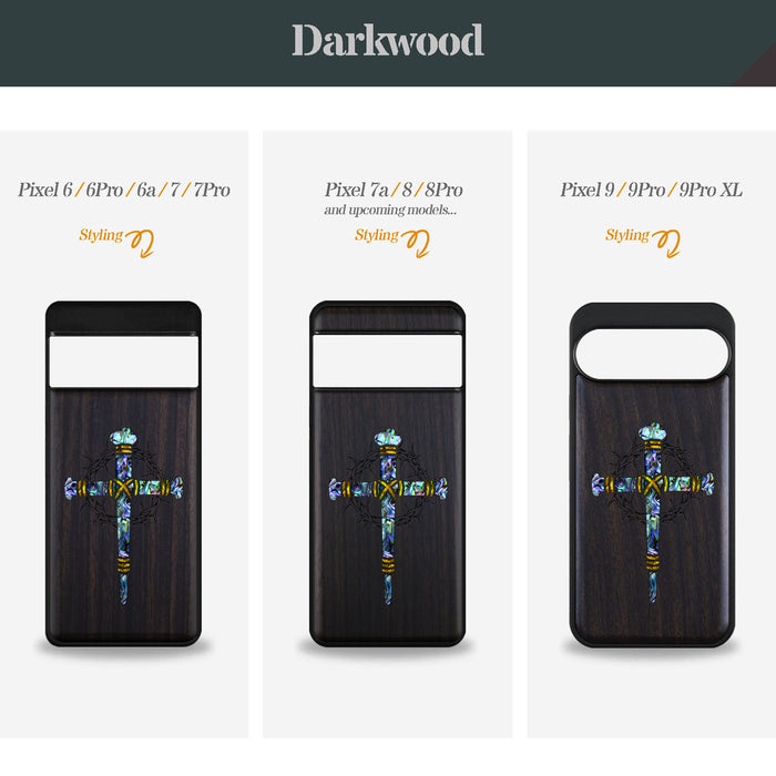 Crucifix Nails, Hand-Inlaid Wood & Mother of Pearl Case - Artisanal Cover for Google Pixel