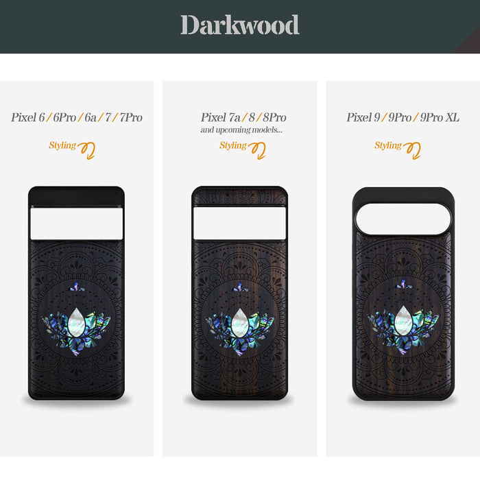 Lotus Mandala Essence, Hand-Inlaid Wood & Mother of Pearl Case - Artisanal Cover for Google Pixel