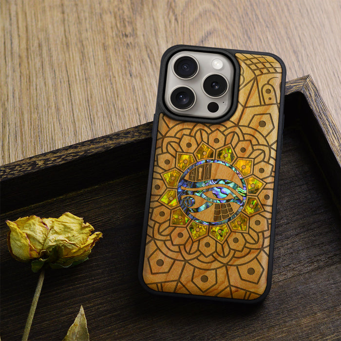 Eternal Horus Mandala, Hand-Inlaid Wood & Mother of Pearl Case - Artisanal Cover for Apple iPhone