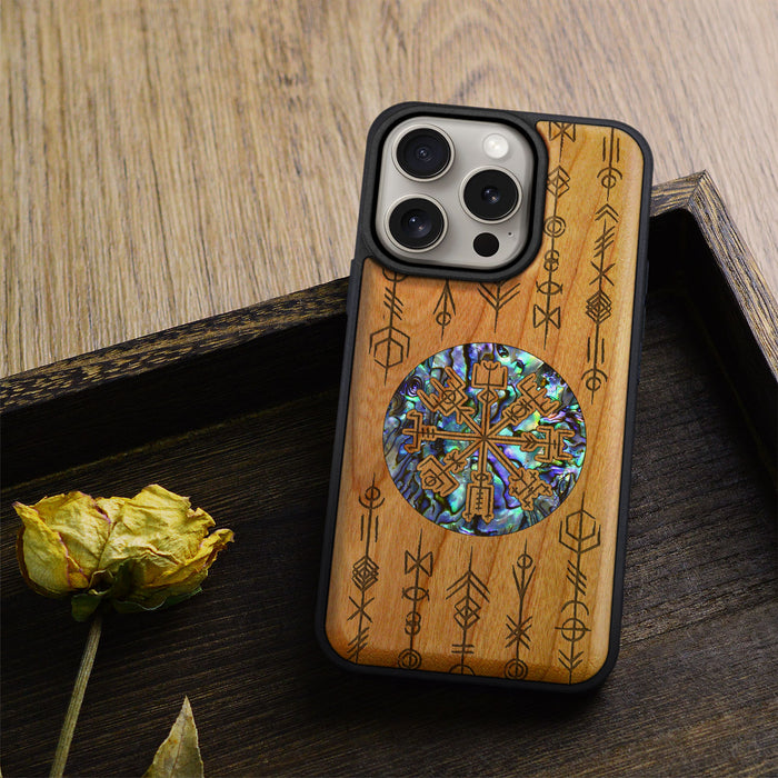 Echoes of Viking Lore, Hand-Inlaid Wood & Mother of Pearl Case - Artisanal Cover for Apple iPhone