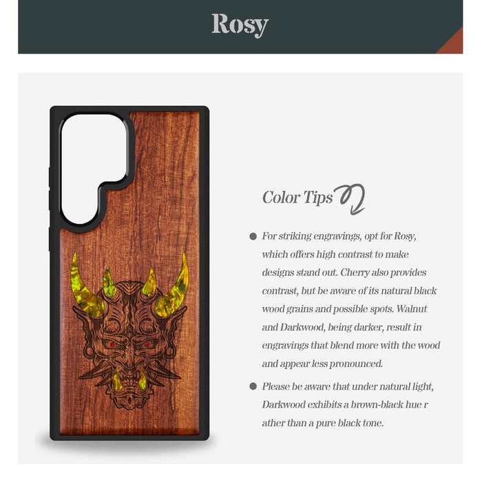 The Art of the Japanese Oni Mask, Hand-Inlaid Wood & Mother of Pearl Case - Artisanal Cover for Samsung Galaxy