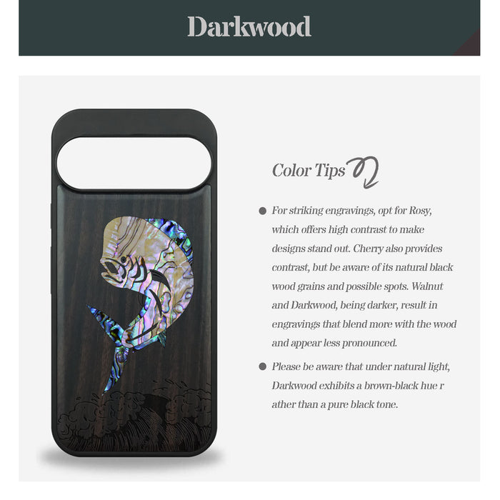 The Majestic Mahi-Mahi, Hand-Inlaid Wood & Mother of Pearl Case - Artisanal Cover for Google Pixel