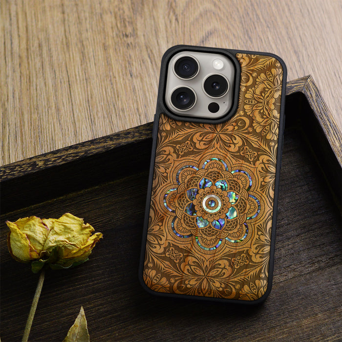 Ethereal Bloom Mandala, Hand-Inlaid Wood & Mother of Pearl Case - Artisanal Cover for Apple iPhone