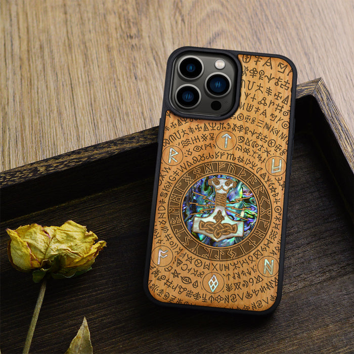 Mjölnir and the Runes, Hand-Inlaid Wood & Mother of Pearl Case - Artisanal Cover for Apple iPhone