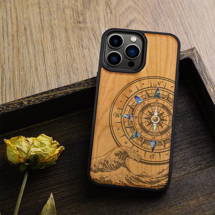 The Compass and the Wave, Hand-Inlaid Wood & Mother of Pearl Case - Artisanal Cover for Apple iPhone