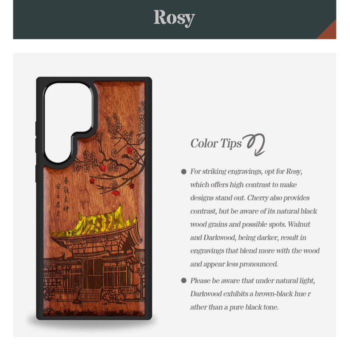 The Ancient Temple Amidst Cherry Blossoms, Hand-Inlaid Wood & Mother of Pearl Case - Artisanal Cover for Samsung Galaxy