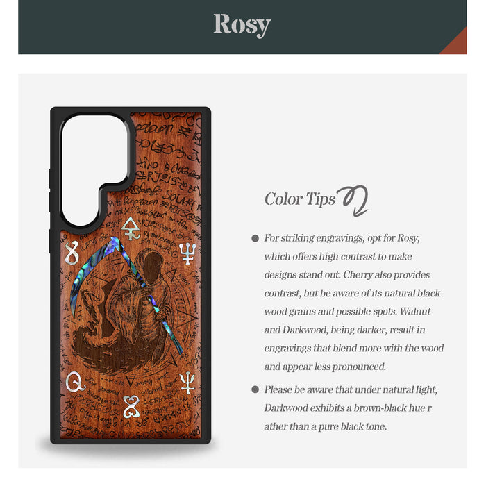 The Reaper's Scythe", Hand-Inlaid Wood & Mother of Pearl Case - Artisanal Cover for Samsung Galaxy