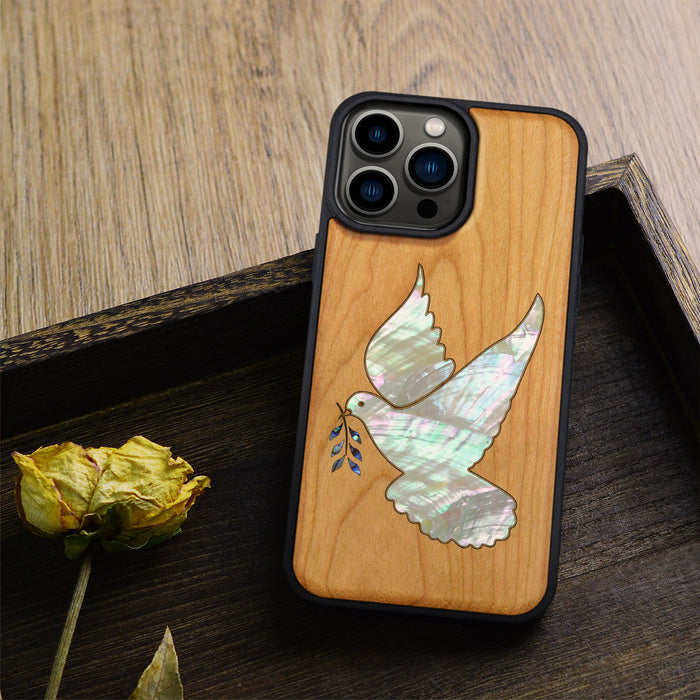 The Dove with Olive Branch, Hand-Inlaid Wood & Mother of Pearl Case - Artisanal Cover for Apple iPhone