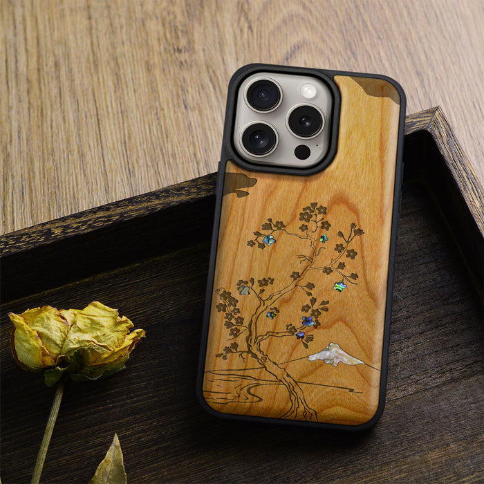 Cherry Blossom, Hand-Inlaid Wood & Mother of Pearl Case - Artisanal Cover for Apple iPhone