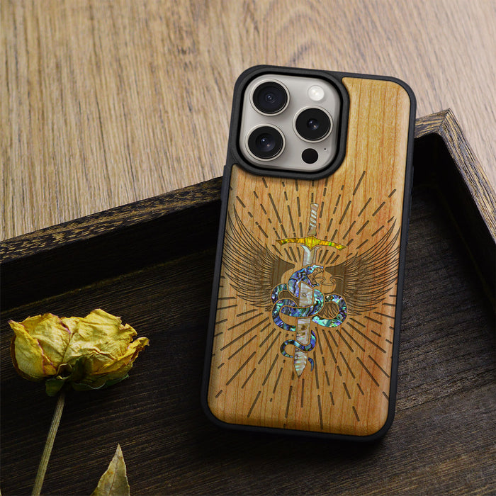 Serpent Winged Sword, Hand-Inlaid Wood & Mother of Pearl Case - Artisanal Cover for Apple iPhone