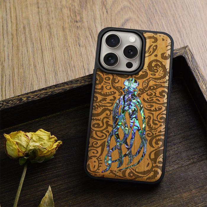 Cephalopod's Nocturne, Hand-Inlaid Wood & Mother of Pearl Case - Artisanal Cover for Apple iPhone