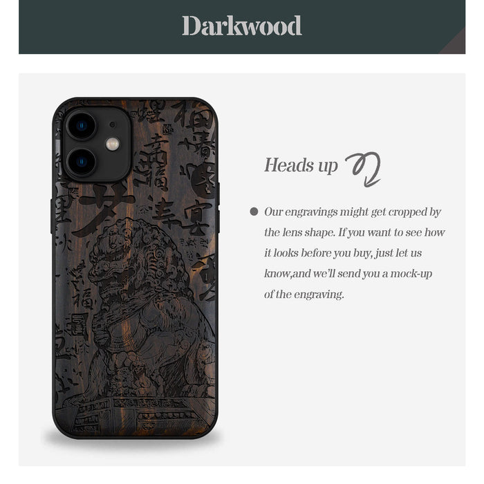 The Chinese Guardian Lions, Classic Engraved Wood & TPU Case - Artisanal Cover for Apple iPhone