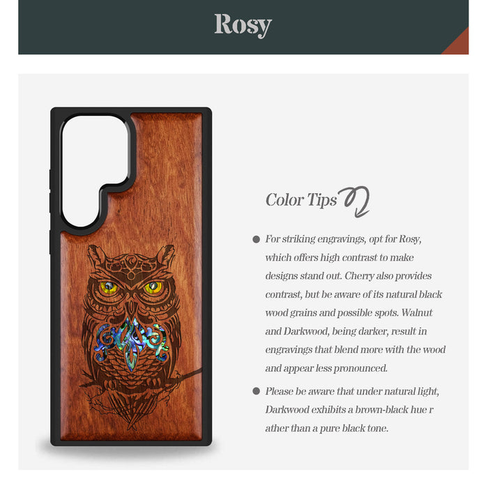 An Owl Perched on a Branch, Hand-Inlaid Wood & Mother of Pearl Case - Artisanal Cover for Samsung Galaxy