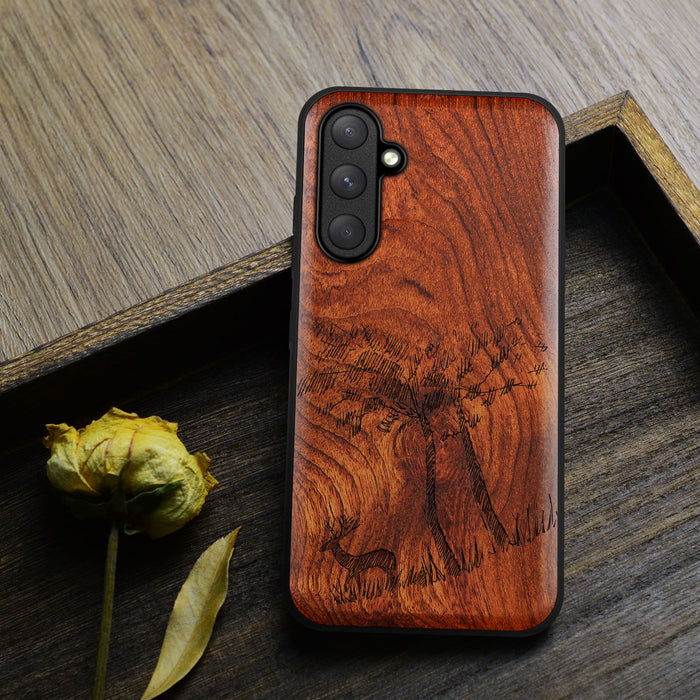 Lone Deer Amidst the Trees, Classic Engraved Wood & TPU Case - Artisanal Cover for Samsung Galaxy