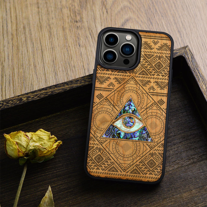 The All-Seeing Eye, Hand-Inlaid Wood & Mother of Pearl Case - Artisanal Cover for Apple iPhone